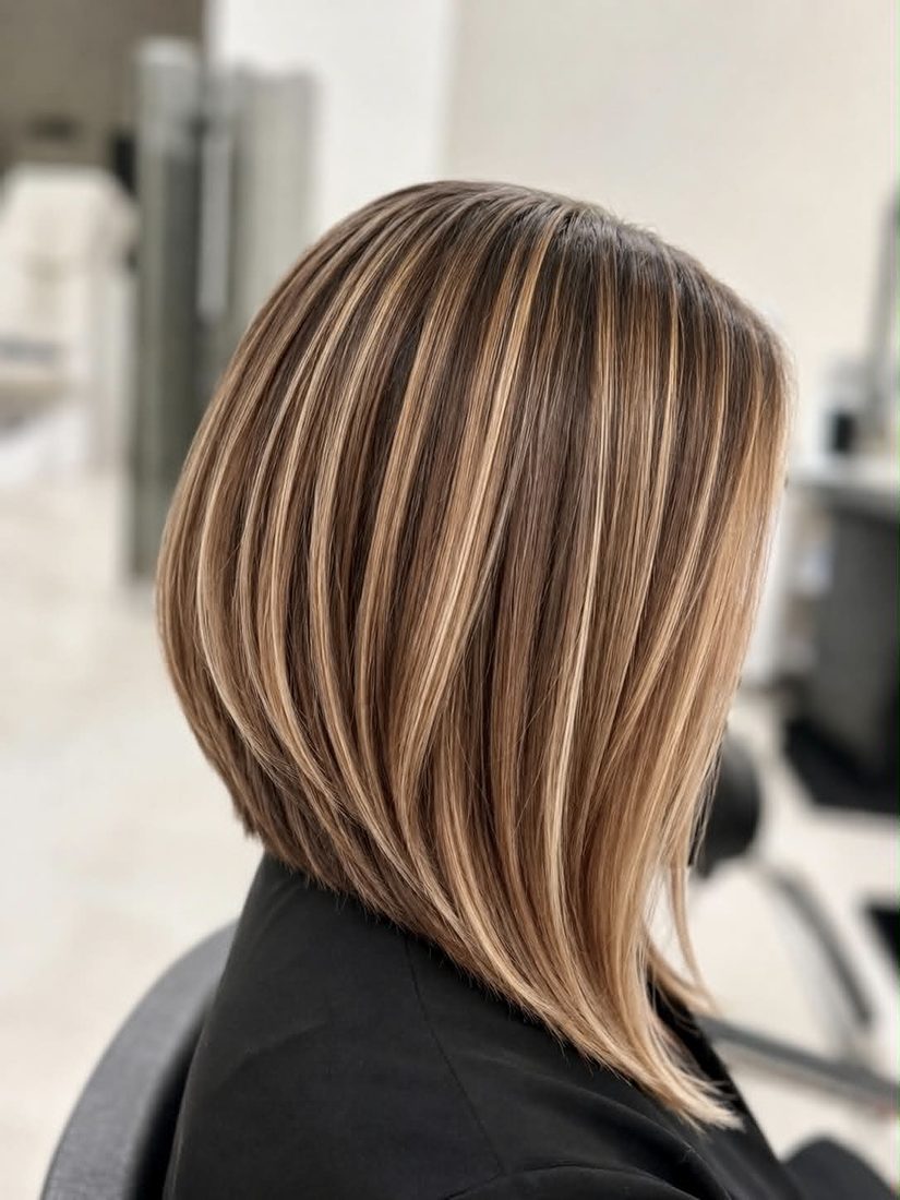 Angled bob with caramel highlights