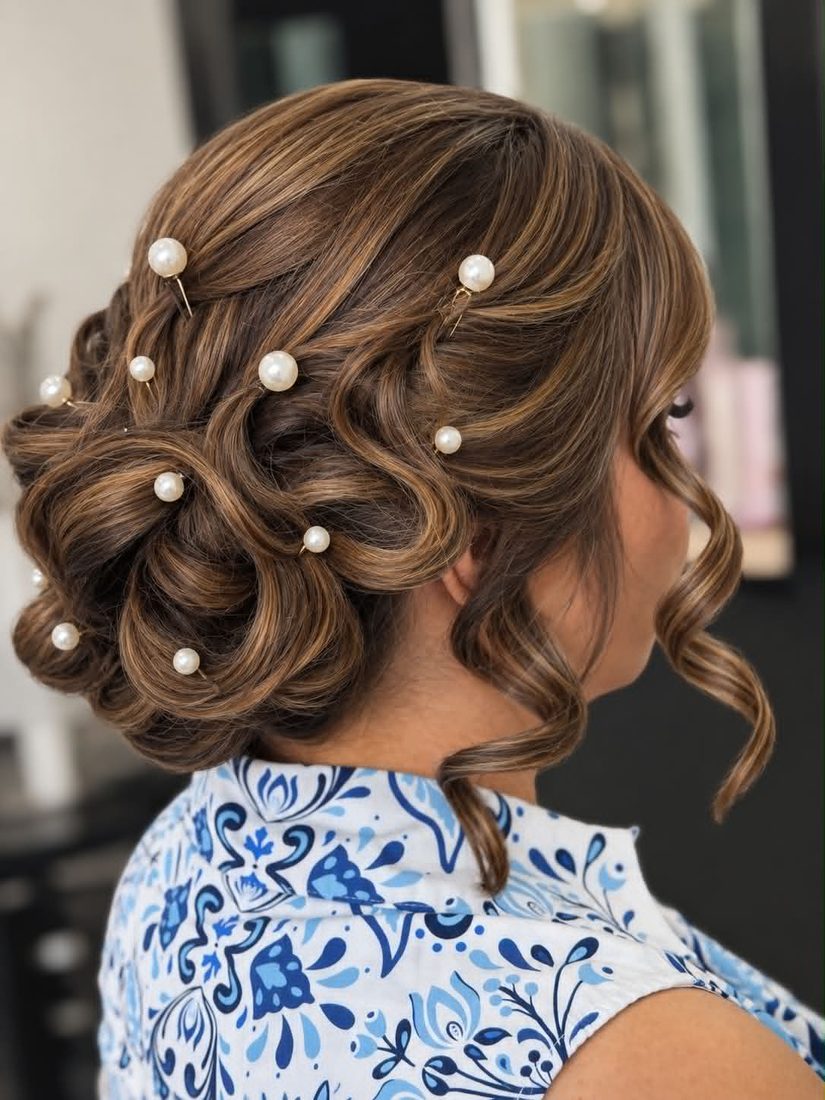 Bridal updo with pearl pins